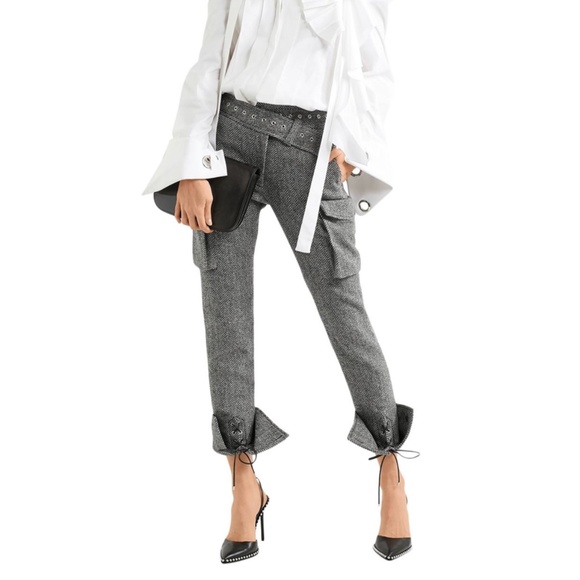 MONSE Fall 2017 Runway Wool Herringbone Lace-up Pants in Charcoal White Size 4 - Picture 2 of 15